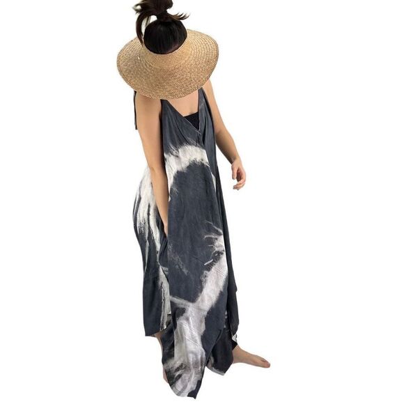 Pōʻalima Charcoal Gray Ivory Tropical Boho Wide Leg Beach Romper - Picture 11 of 16